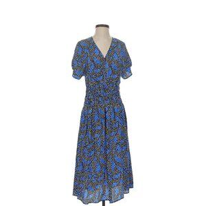 No.6 Store V Neck Short Sleeve Dress in Silk Black Blue Dotted Leaves 2 Medium